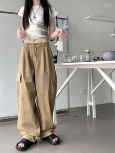 Women's Jeans HOUZHOU Vintage Khaki Cargo Women Oversized Japanese Style Denim Trousers Baggy High Waist Wide Female Streetwear