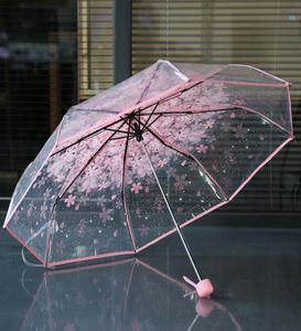 100pcslot Transparent Clear Umbrella Handle Windproof 3 Fold Umbrella Cherry Blossom Mushroom Apollo Sakura women Girl039s Umb6856939