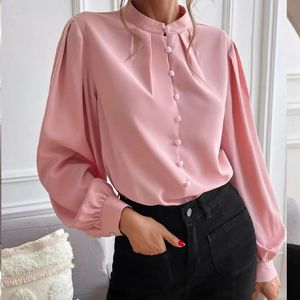 Ny elegant solid krage långärmad knapp Löst kvinnors övre vår/sommar fast färg chiffong blus vita skjortor