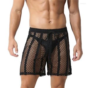 Calções masculinos ver através de fishnet troncos de natação oco para fora lounge pijama respirável casual masculino esporte fitness calças curtas