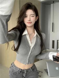 Women's Knits Sweaters For Women Sexy Crop Top Grey Cardigans Sueters De Mujer Shirts Feminino Aesthetics Grunge Knitted Cropped Cardigan