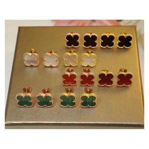 Stud högkvalitativ Sier Plated 18k Real Gold Four-Leaf Clover Earrings White Fritillary Carnelian Black Agate Ear Buckle Drop Delivery Dhrfn