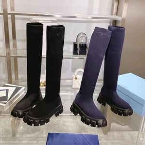 Designer Monolith Sobre o Joelho Botas Moda Meia Bota Preta Plataforma de Salto Deslizamento Quente Malha Elástica Botas de Inverno Triângulo Tamanho 35-40