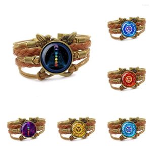 Armreif, Modeschmuck, mit Glas-Cabochon, mehrschichtiges braunes Lederarmband, Sieben-Chakra-Yoga-Reiki-Heilung, spirituell