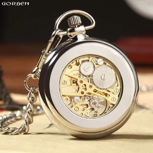Pocket Watches Luxury Silver Skeleton Mechacnical Mens Pocket Watch with Fob Chain Smooth Steel Women Unisex Hand Winding Pocket Watches 231207