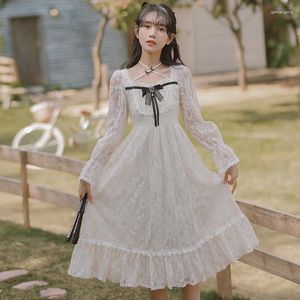 Casual Dresses French Style Lace Fairy Apricot Female Spring Clothes Black Bow Sweet Chic Kawaii Dress Women Japanese Lolita