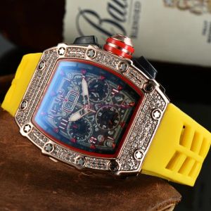 138 6-stift Luxury Richard New Men's High Quality Diamond Quartz Watch Hollow Glass Back rostfritt stål Fall Titta svart gummi