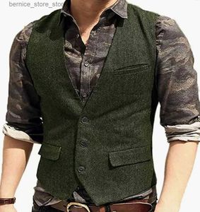 Men's Vests Black Flip Pocket Men Suit Vest V Neck Jacket Herringbone Tweed Business Waistcoat Wedding Groomman Clothing Victorian Steampunk Q231208