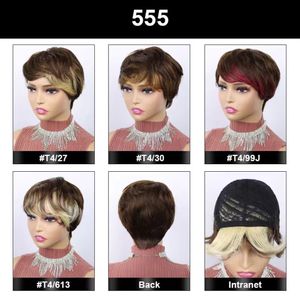 Short Straight Pixie Cut Wig With Bangs Ombre Color Human Hair Machine Made Lace Wigs For Women F-555