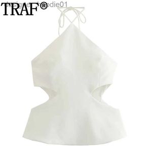 Women's Tanks Camis TRAF Cut Out White Top Fe Off Shoulder Halter Crop Top Women Streetwear Summer Tops For Women Backless Sexy Beach Top Woman L231208