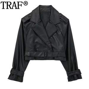 Женские куртки TRAF, укороченная черная куртка, женская ветровка из искусственной кожи, женский плащ с длинными рукавами для Y2k, пояс 231208