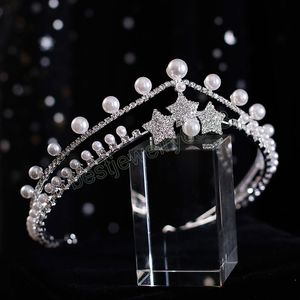 Lüks Gümüş Renk Kristal İnciler Gelin Tiaras Crown Rhinestone Star Pageant Diadem Kafa Bantları Düğün Saç Aktarma