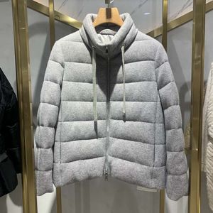 European Winter New High End Luxury 100% Sheep Wool Coat Stand Up Neck Light Soft Short White Goose Down Coat for Women