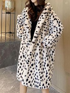 Jaqueta de pele de leopardo feminina inverno longo casaco falso feminino moda vintage quente jaquetas de pelúcia senhora chique solto fofo com capuz outerwear