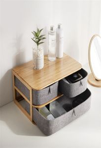 Trä lagringslåda kosmetisk arrangör bambu tyg kontor skrivbord lagring kista makeup lagring container hem diverse arrangör t21352375