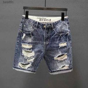 Calças de brim masculinas verão coreano moda buraco baggy denim shorts bonito jovem azul carga jeans shorts para menl231208