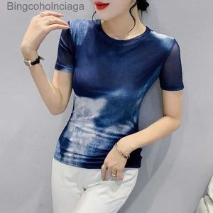 Kvinnors t-shirt #5578 Tie Dye Printed Mesh T Shirt Women Thin Korean Fashion Skinny T Shirt Short Sle Summer Tops For Girls Thin High QualityL231208