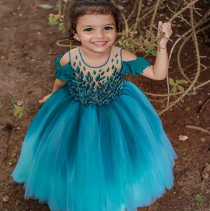 2023 Hunter Green A-line Flower Girl Abiti Tulle Pizzo Collo trasparente Vintage Bambina Natale Peageant Compleanno Battesimo Abito Tutu Abiti ZJ4235