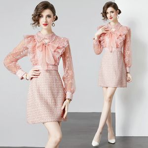 Girl Boutique Dress Long Sleeve Embroidery Bow Dress 2024 Spring Winter Lace Wool Blend Bow Dress High-end Noble Lady Ruffles Lace Dresses OL Party Runway Dresses