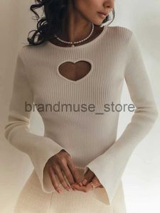 Women's Knits Tees White Knitted Sweater Women Sexy Heart Hollow Out Ribbed Pullover Female Autumn Winter Elegant Casual Flare Sleeve Slim Knitwear J231208