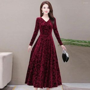 Casual Dresses Women Dress Velvet Big Swing Skirt Floral Pattern V Neck Spring Elegant Long Wedding Female Robe Ladies Vestidos