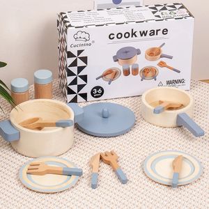 Kitchens Play Food Wooden Mini Cocina de cocina Pan bandeja Feating Play Play Educational House Toys para niños Simulación Utensilios de cocina Toy 231207