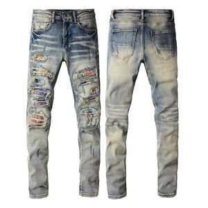 Men'sjeans europeiska och amerikanska high street nödställda lapp jeans, mäns lapp elastiska smala fit leggings