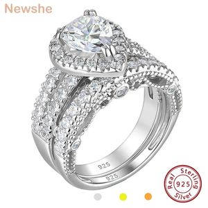 Anéis de casamento ela 925 prata esterlina anéis de noivado de casamento conjunto para mulheres corte de pêra aaaaa cz imitação de diamante jóias de noiva 231208
