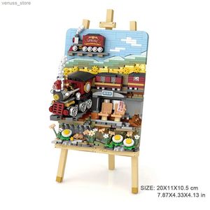 Blocks 3D Easel Classic Train Station Platform Natural Scenery Travel Theme Mini Building Blocks R231208