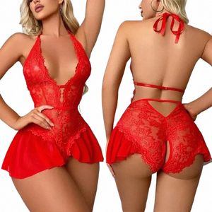 Indumenti da notte da donna con apertura sul cavallo Lingerie da donna in pizzo trasparente Pigiama Set sexy reggiseno a V profondo Crotchless pigiama camicia da notte erotica o0re #