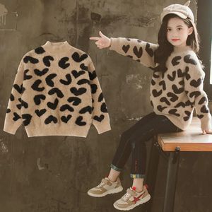 Пуловер зима-осень детская одежда для девочек свитер леопардовый вязаный пуловер повседневные детские топы с длинными рукавами для малышей 8, 9, 10, 11, 12 лет 231207