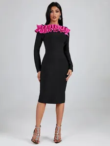 Sukienki swobodne bandaż z długimi rękawami Kobiety czarny impreza bodycon elegancka marszczenie midi seksowne urodziny wieczorne strój