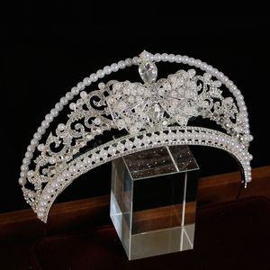 Silverpläterad drottning Princess Crown Crystal Pearl Diadem för brudtillbehör Brudband Pannband