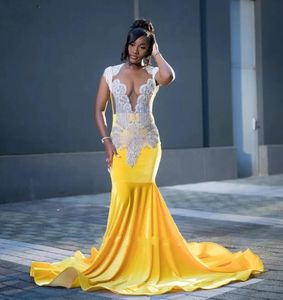 Rhinestone Prom Dresses For Women Beading Yellow Velvet Mermaid Evening Gowns Black Girls Robes De Bal Party Wear