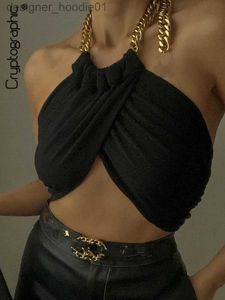 Женские майки с надписью Summer Fashion Chic Halter Chain Crop Tops для женщин, укороченный женский черный топ с открытой спиной, черный топ с запахом 2022, уличная одежда L231208