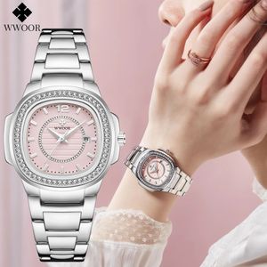 Other Watches Japanese Quartz Movement WWOOR Brand Pink Ladies Bracelet Famous Luxury Fashion Design Square Steel Women Wristwatch 231207