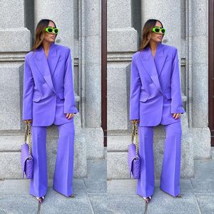 Spring Purple Women Pants Suits Double Breasted Female Streetwear Sportwear Two Pieces Jacket Blazer Set