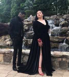 Evening Dresses Black Prom Gown Party New Custom Plus Size Lace Up Zipper A Line Thigh-High Slits V-Neck Long Sleeve Velvet