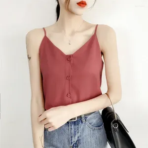 Women's Tanks Sexy Solid Button Shirts Top Summer Chiffon Tank Women Halter V Neck Backless Camis Vest Korean Woman Streetwear Tops