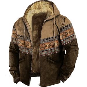 Män s jackor vintage bison mönster tryck blixtlås hoodies för män 2023 vinter lång ärm varm tröja avslappnad huva jacka tjock ytterkläder 231208