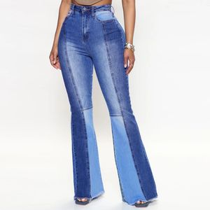 Mulheres calças jeans casuais flare pannelled colisão pant fashional borla cintura alta ajuste feminino de alta qualidade frete grátis