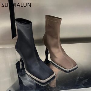 Buty Suojiallun marka kobiet kostki mody kwadratowe palec na damskim botki skarpetowe żeńskie buty na wysokim obcasie Chelsea but 231207