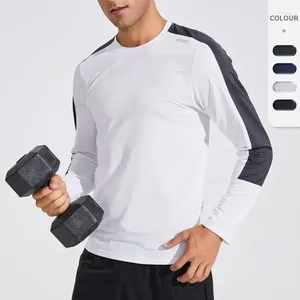 Camisetas para hombre, Camiseta larga con tira reflectante de empalme de secado rápido, cuello redondo, ropa deportiva de ocio, camisa de manga para hombre