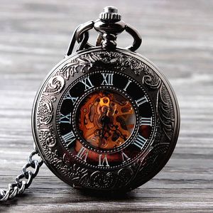 Pocket Watches Retro Hand Wind Mechanical Pocket Watch With Fob Chain Mens Hollow Skeleton Dial Black Steel Fashion Quartz Pocket Watch Gifts 231207