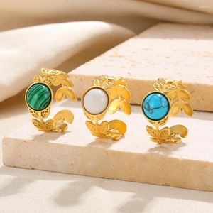 Cluster Rings Stainless Steel Gold Color Artificial Turquoise Ring Leaf Adjustable Circlet Fashion Jewelry Accessories For Women Gift
