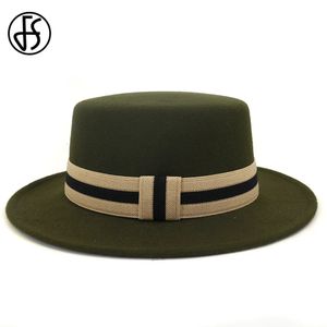 Breda randen hattar hink fs män kvinnor ull filt fedora bowler hatt med bandband elegant platt topp party jazz cap svart röd armé grön 231208