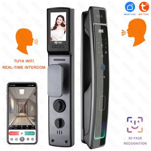 Smart Lock Tuya 3D Face Intercomunicador em tempo real Fechadura de porta inteligente Câmera de segurança Senha inteligente Desbloqueio de chave eletrônica biométrica 231207