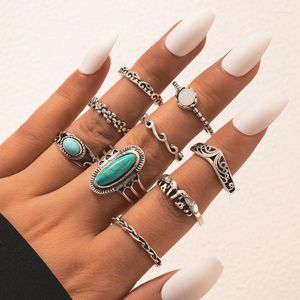 Cluster Rings 9pcs Vintage Ethnic Hand Jewelry Turquoise Elephant Flower Gemstone Geometric Metal Ring Set Women Fine