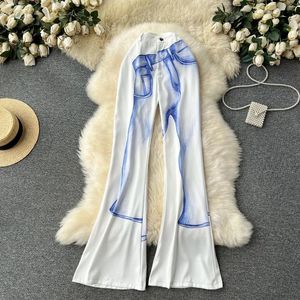 Kvinnor Pants Fashion Girl White Micro Flare Autumn and Winter Line tryckt Hög midja Slim Fit Long Trousers för arbete Casual