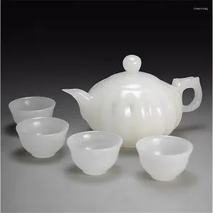Teegeschirr-Sets, natürliche weiße Jade, geschnitzt, Kürbisform, Tee-Set, Teekanne, vier Tassen, chinesisch